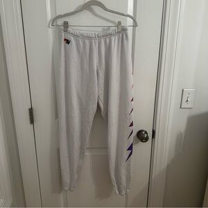 Aviator Nation White Joggers with purple and pink bolts